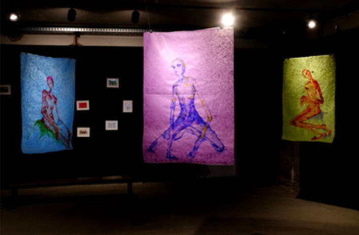 From "All this time, becoming"; Renea Begolli, Hanging, paintings, watercolor on paper, 3 pieces, 2025